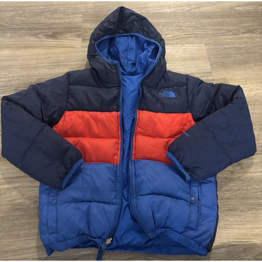 North Face Jacket Boys Small 7/8 Blue Reversible 550 Down Puffer Hood Moondoggy